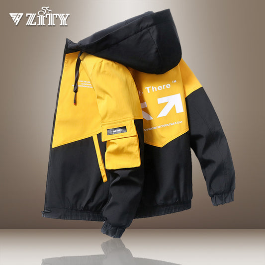 Zity Jacket Men Spring and Autumn High Street Trendy Printing Cargo Coat Stitching Color Windproof Hooded Coat Zip Up Hoodie