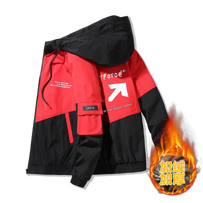 Zity Jacket Men Spring and Autumn High Street Trendy Printing Cargo Coat Stitching Color Windproof Hooded Coat Zip Up Hoodie