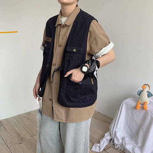 Men Vests Multi-pockets Punk Style Sleeveless Zipper Coat Retro BF Cargo Waistcoats Handsome Chic Teenager Streetwear Loose Vest